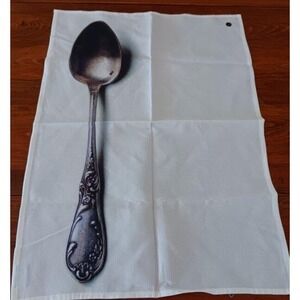 Vintage French Kitchen Dish Towel Printed Silver Spoon France White Cotton Rivet